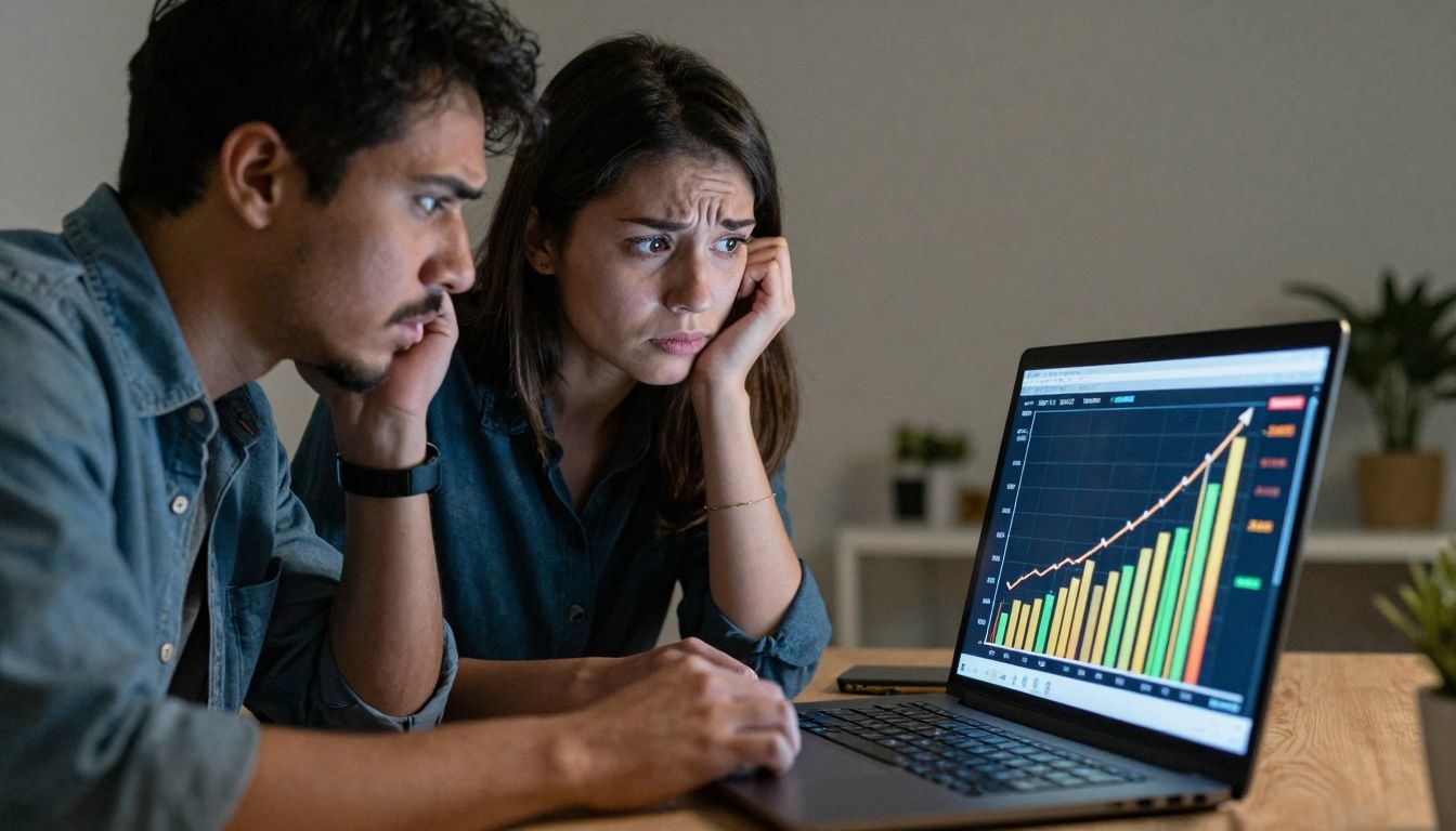 Couple looking at laptop showing rising costs.