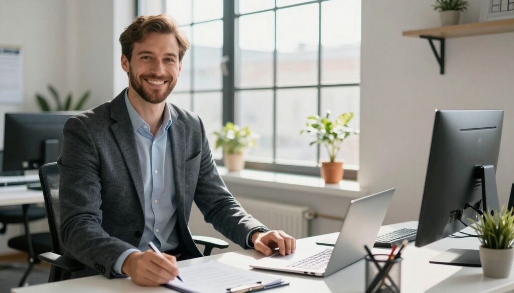 Ombudsmann smiles in a bright office, offering help.