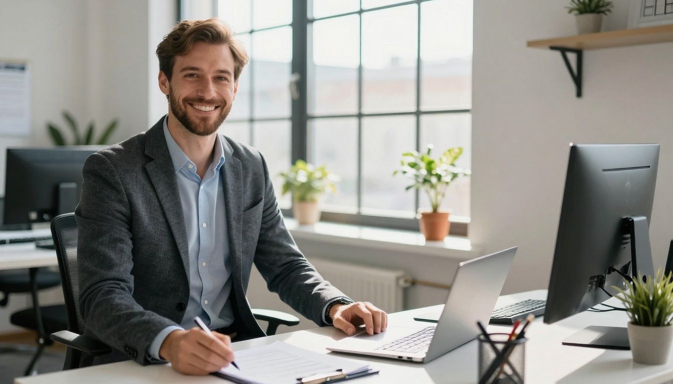 Ombudsmann smiles in a bright office, offering help.