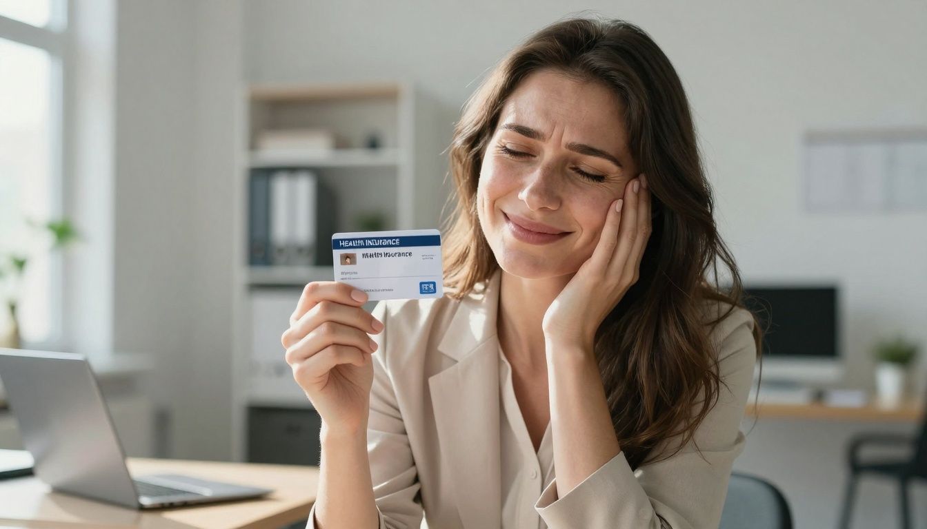 Woman happy about health insurance in a bright environment.