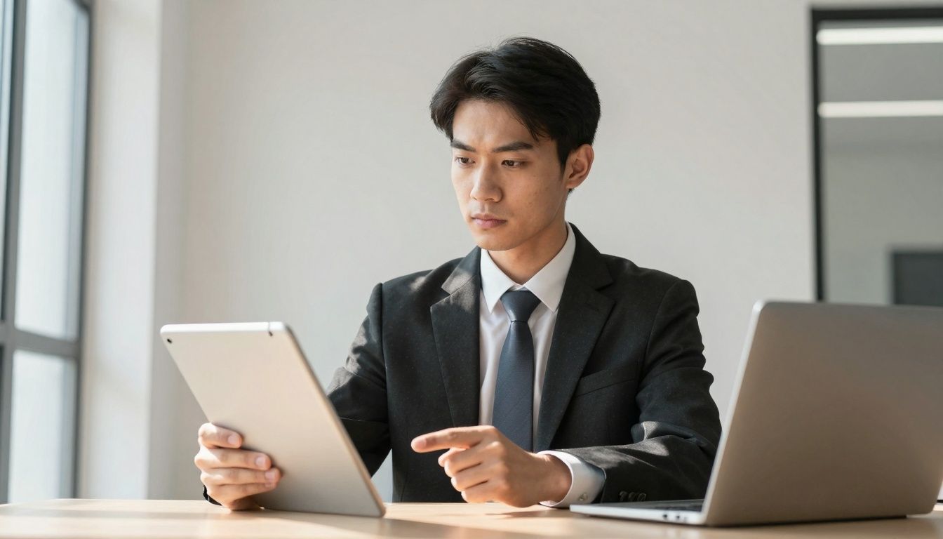 Lawyer with tablet in bright office.