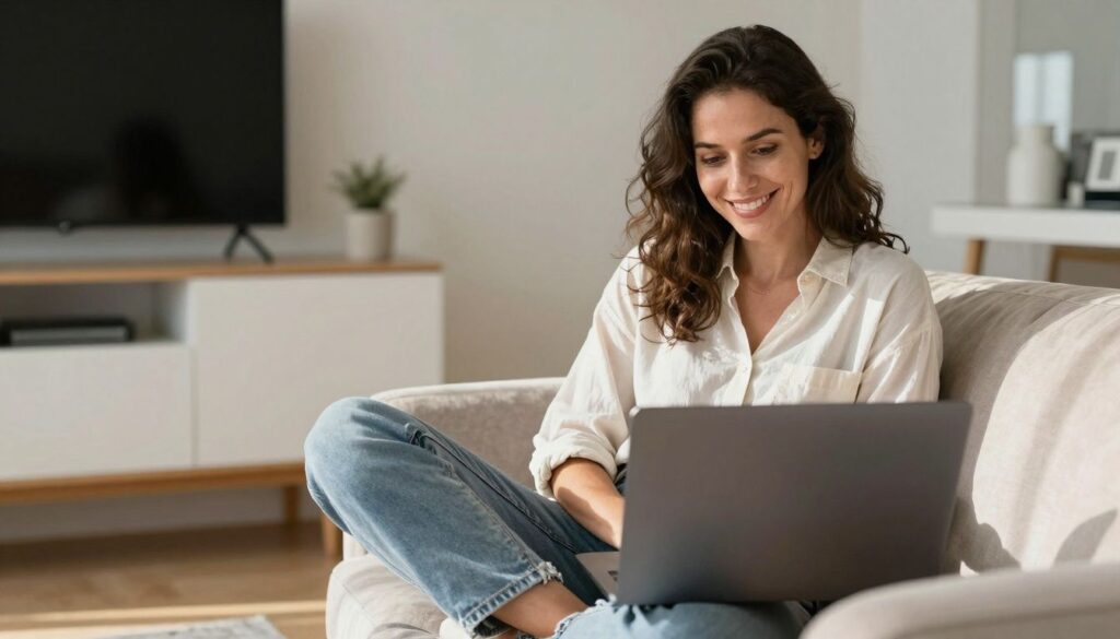 Woman happily using a laptop in a bright, cozy room.