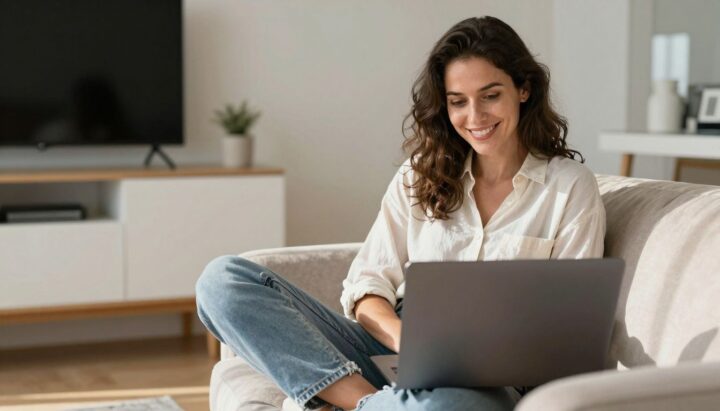Woman happily using a laptop in a bright, cozy room.
