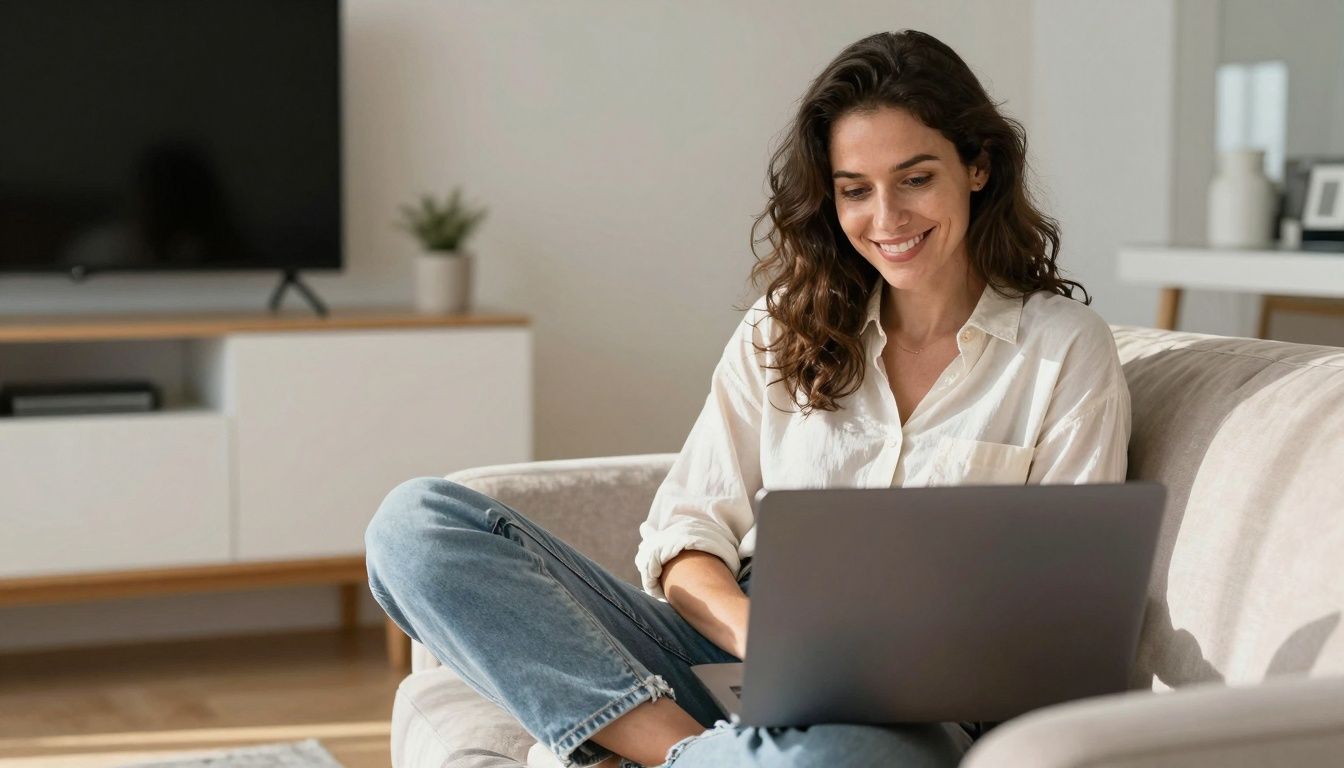 Woman happily using a laptop in a bright, cozy room.