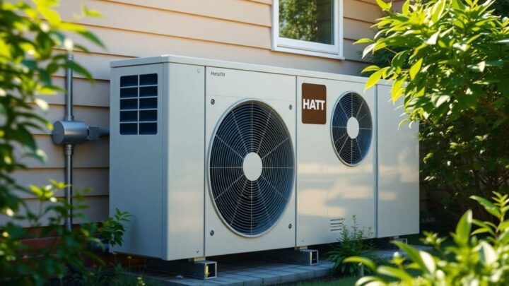 Wärmepumpe vor einem Haus im Sonnenschein.