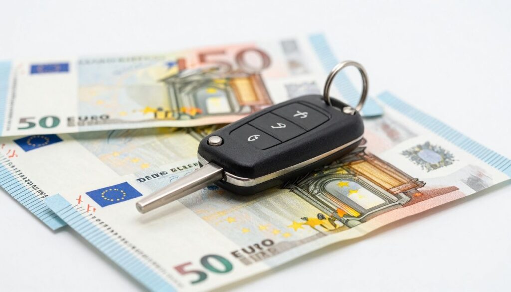 Car key and money symbolizing savings on car insurance.