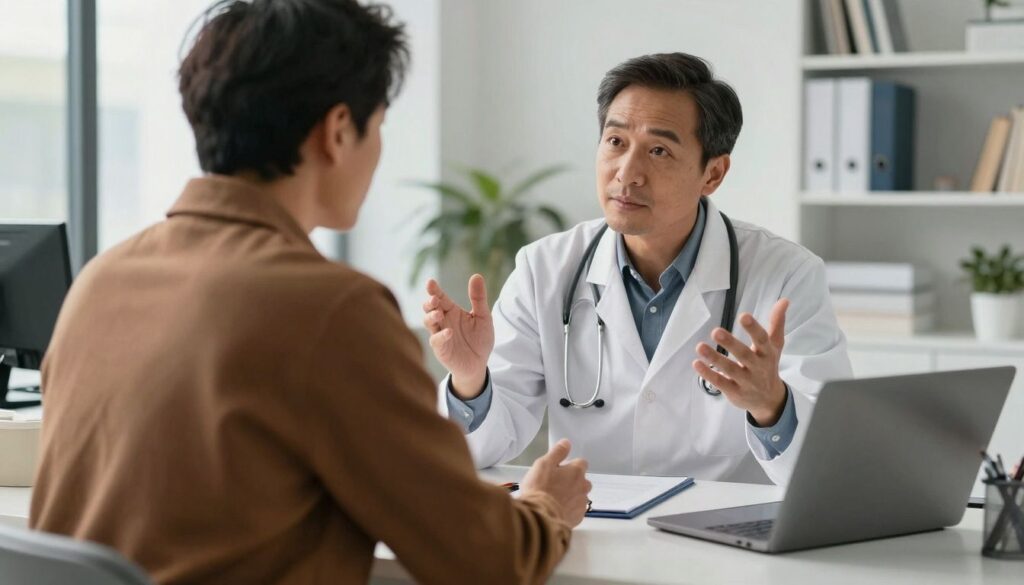 Doctor and patient talking in a bright medical office setting.