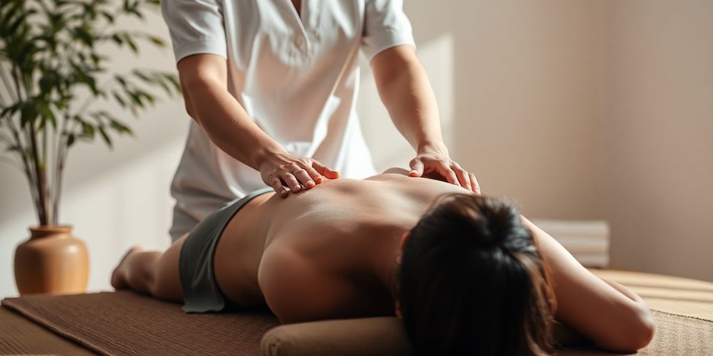 Shiatsu Praktiker massiert Klient in entspannender Umgebung.