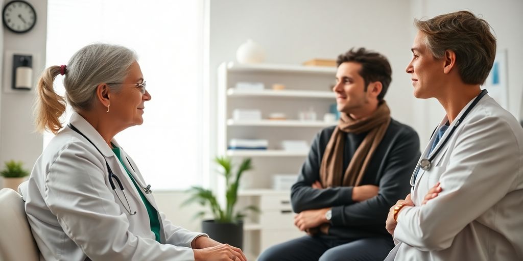 Patient und Arzt in einer hellen Arztpraxis.