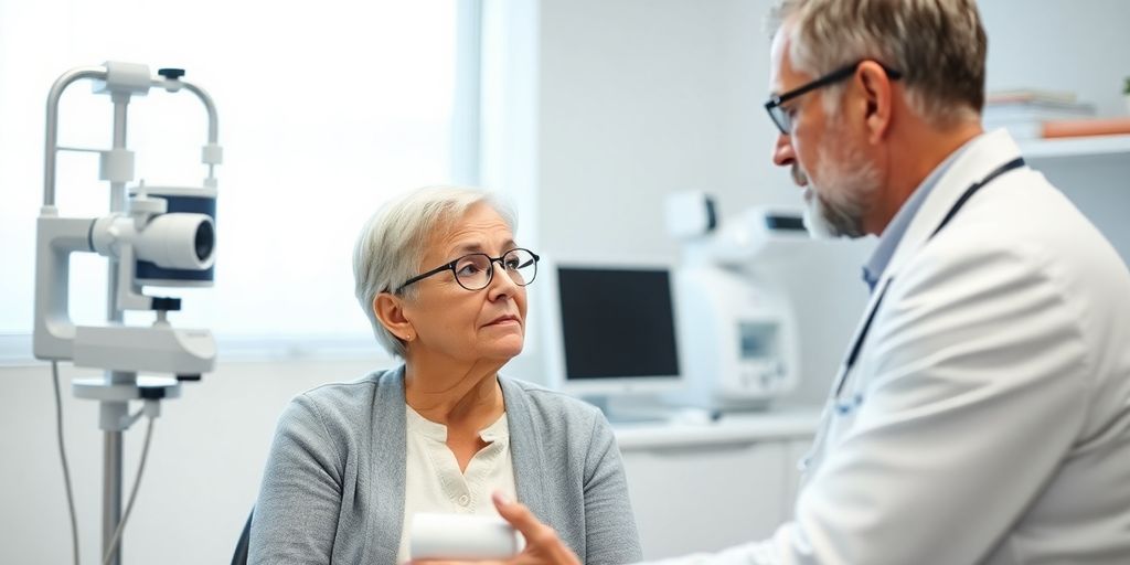 Nystagmus: Patient und Arzt in heller medizinischer Praxis