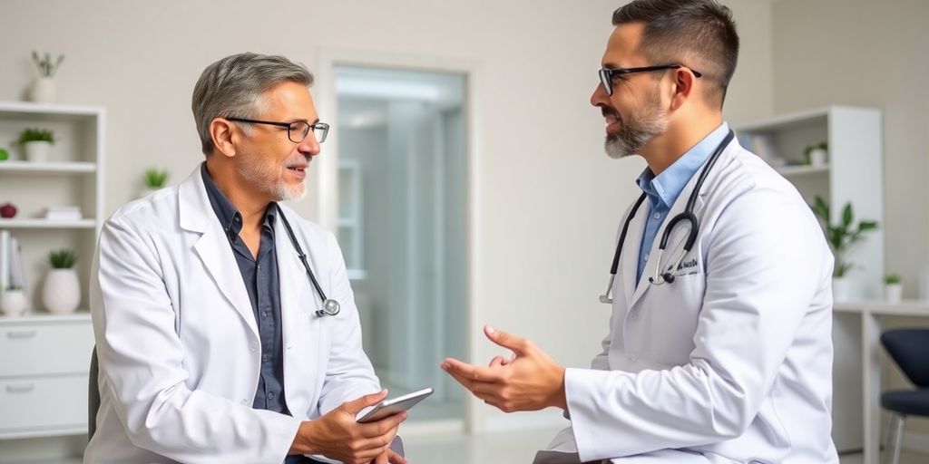 Was ist Morbus Osgood-Schlatter: Patient und Arzt in einer hellen Arztpraxis.