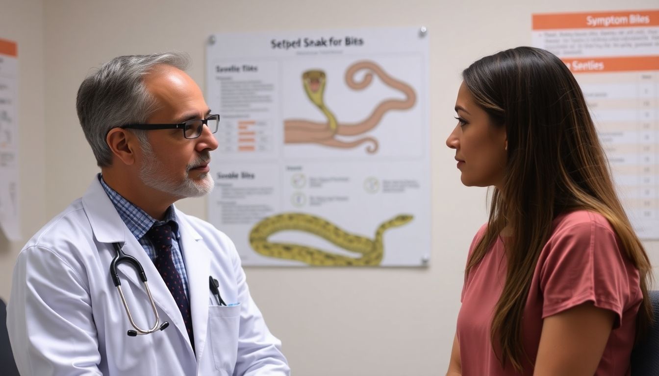 Prävention von Schlangenbissen: Doctor consulting with a patient about snake bite treatment.