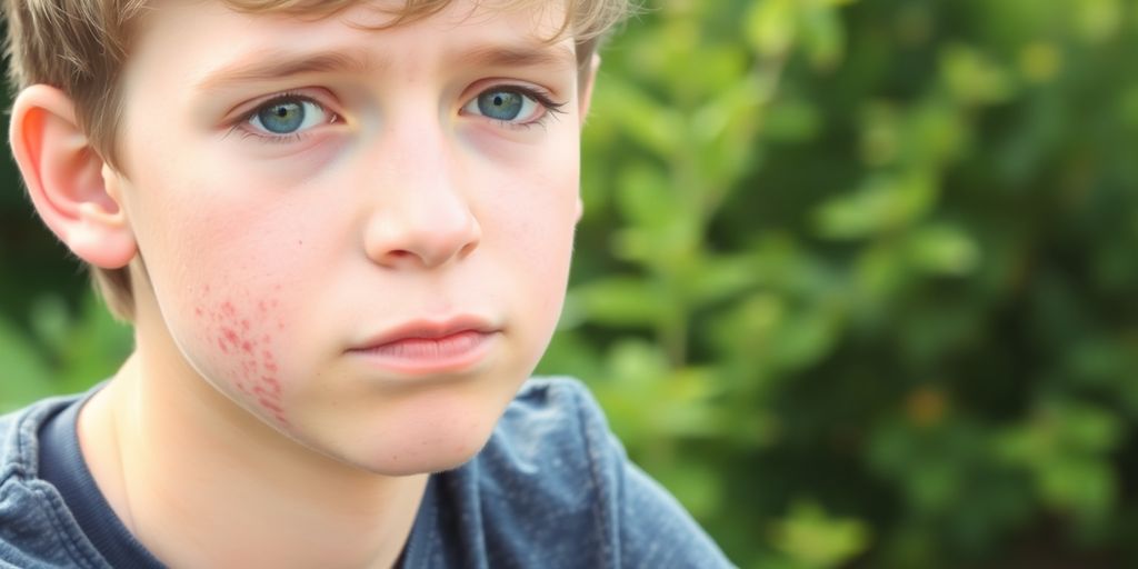 Ziegenpeter: Junge mit Hautausschlag im Freien unter Bäumen.