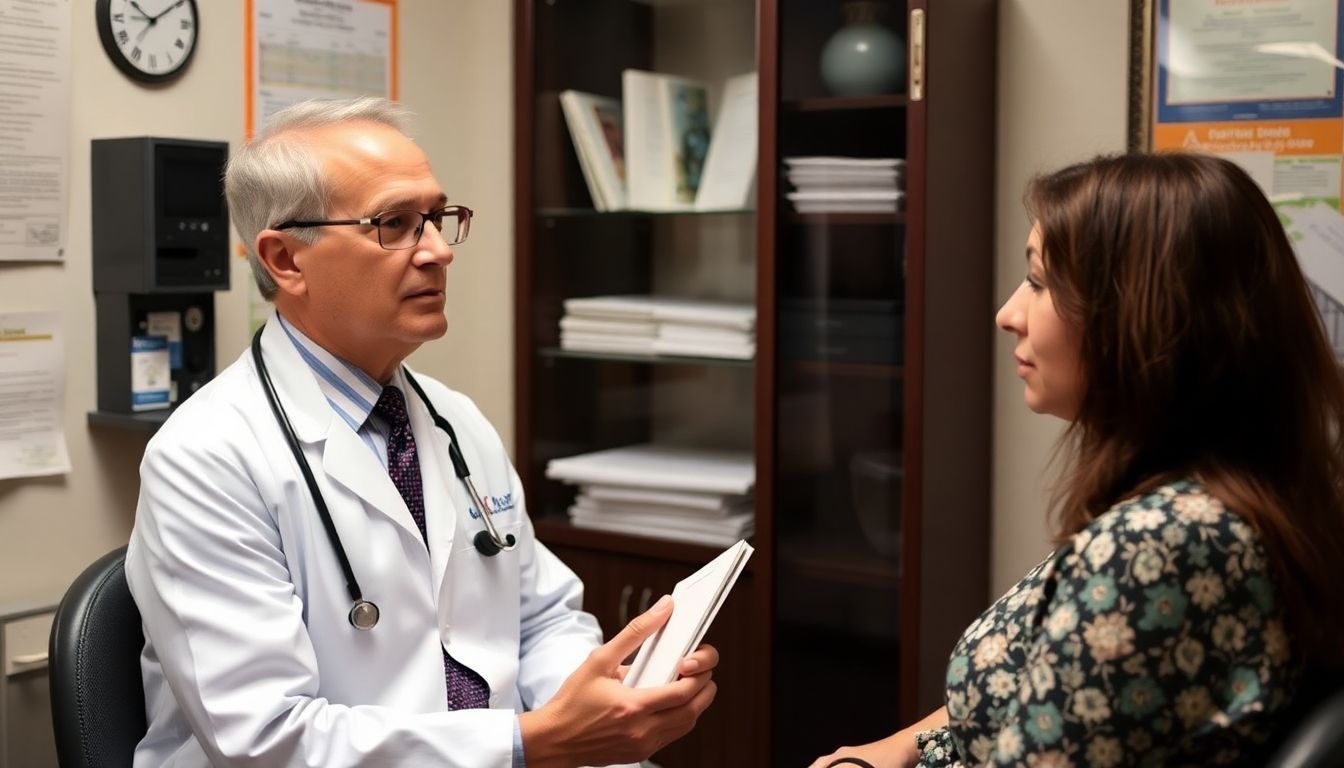 Doctor consulting patient about travel-related diarrhea symptoms.