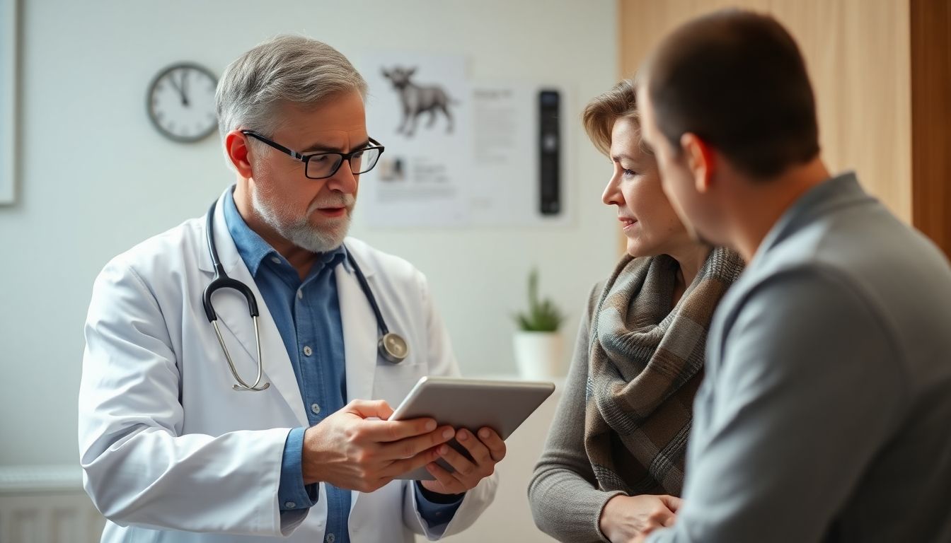Doctor with tablet discussing Ziegenpeter symptoms and treatments.