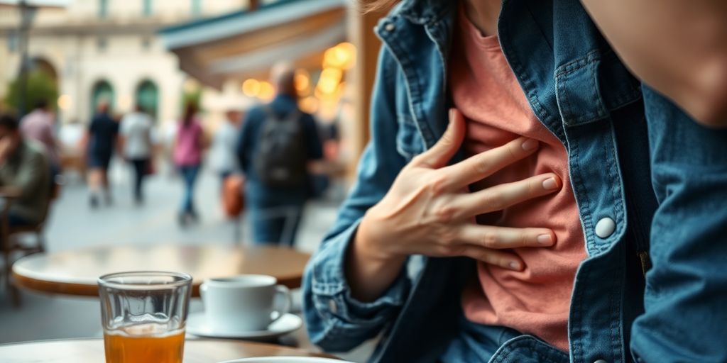 Reisedurchfall: Reisender hält sich den Bauch in einem Café.