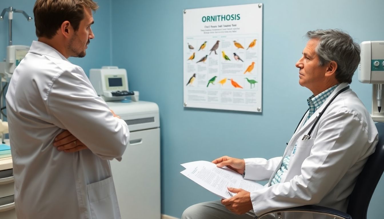 Ornithose: Doctor and patient discussing ornithosis symptoms in clinic.