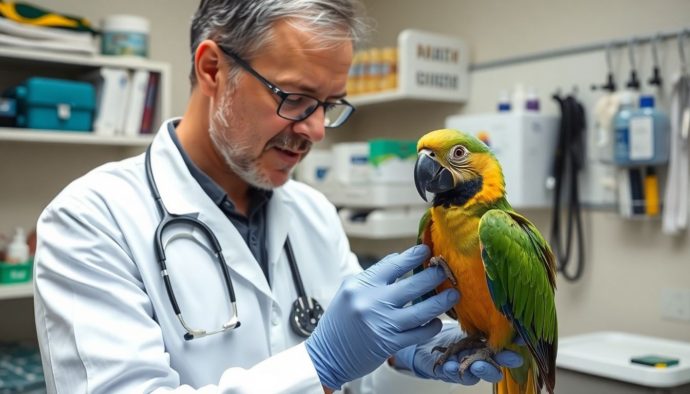 Ornithose in der Veterinärmedizin: Veterinarian examining a parrot in a clinic.