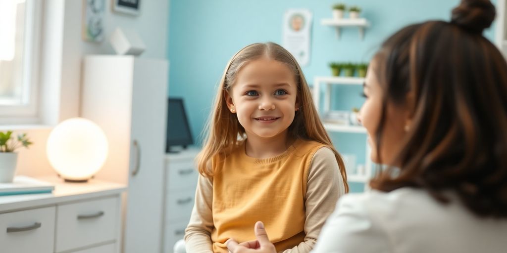 Morbus Osler im Kindesalter: Kindlicher Patient und Arzt in einer hellen Praxis.