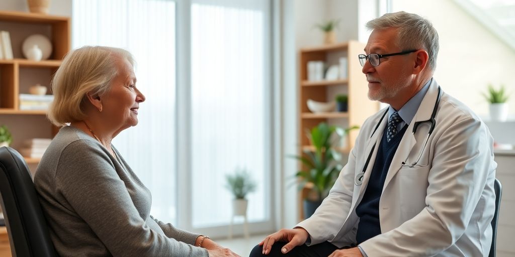 Morbus Wilson: Patient und Arzt in einer hellen Arztpraxis.