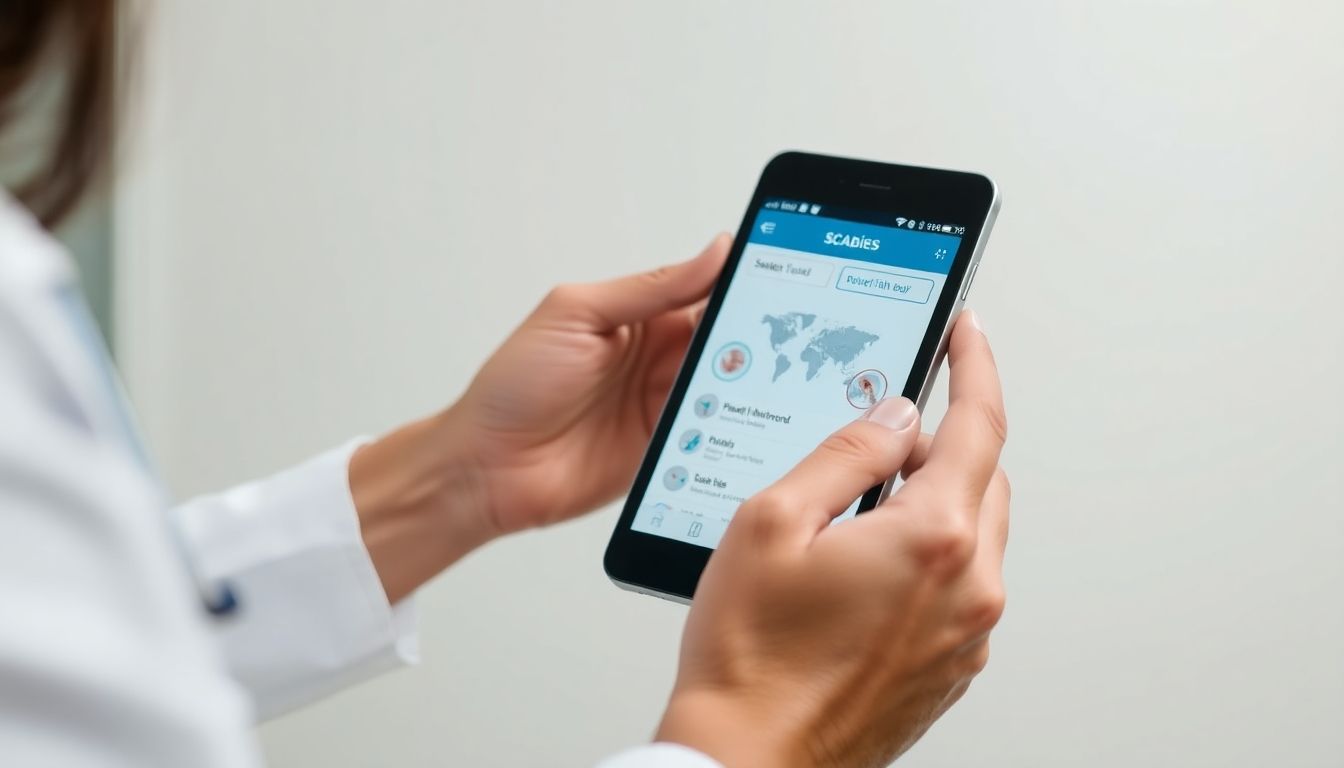 Doctor holding a tablet for scabies treatment information.