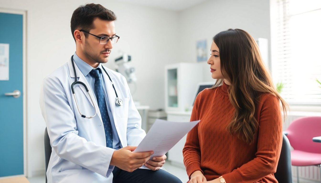 Diagnose bei Pocken: Doctor consulting with a patient in a bright office.