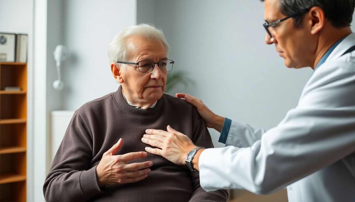 Scabies: Elderly patient consulting doctor about skin condition.