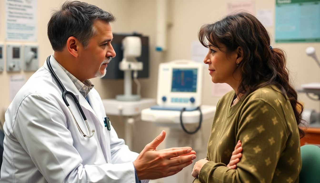 Pocken: Doctor consulting patient about smallpox symptoms and treatment.