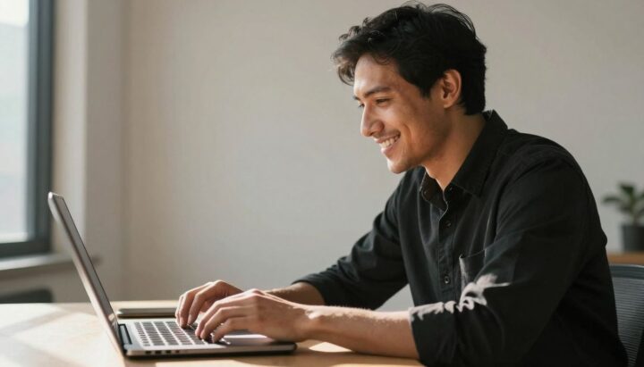 Man happily looking at laptop, symbolizing wealth growth.