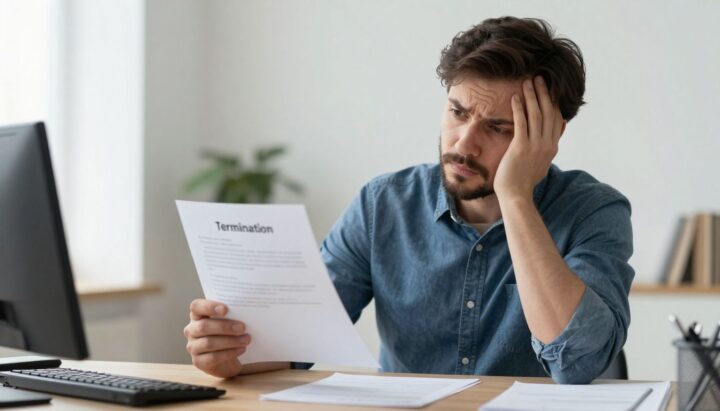 Man holding a termination letter at a desk.