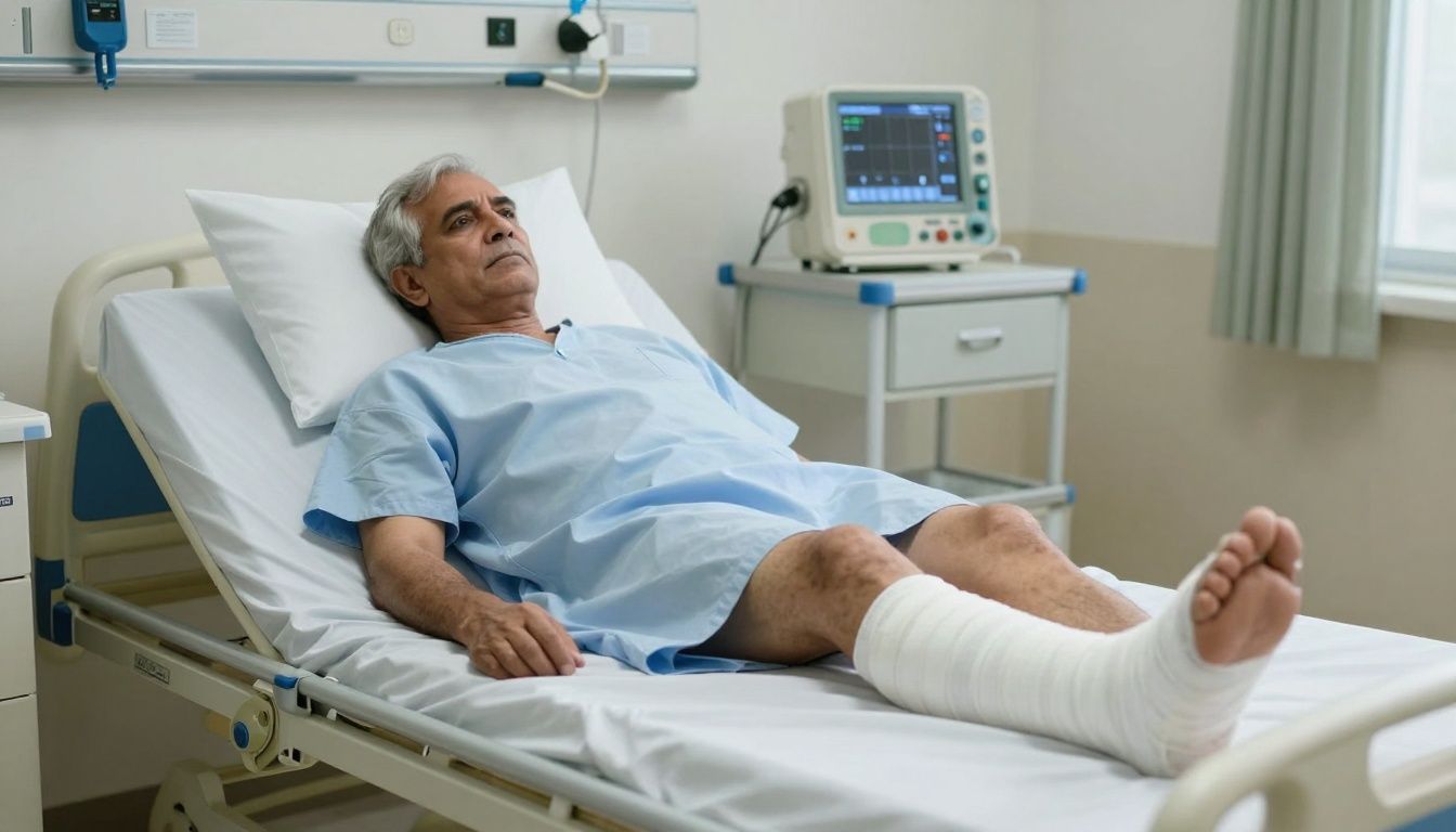 Man in hospital with broken leg.