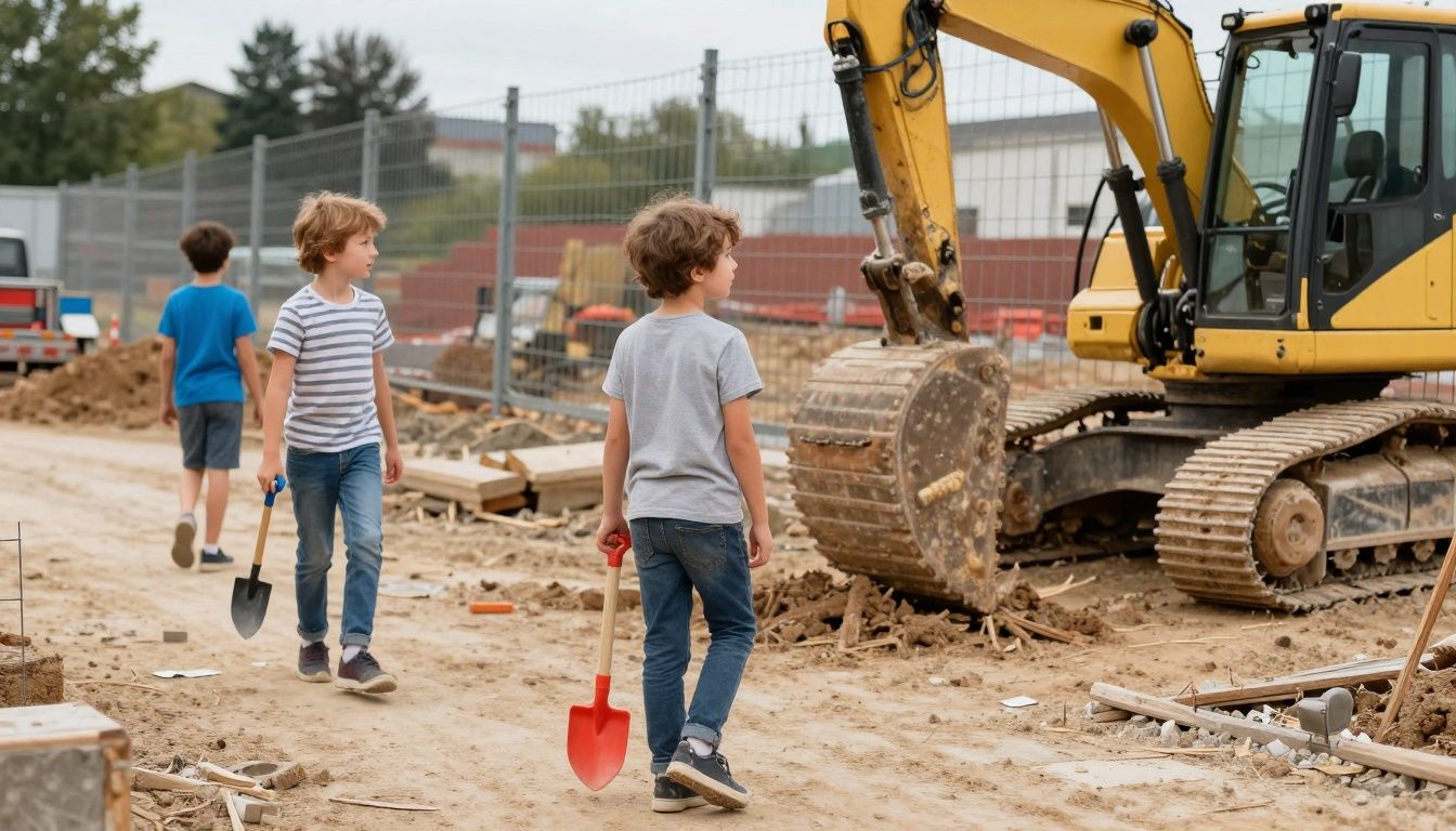 Children playing on a construction site, implying potential liability.