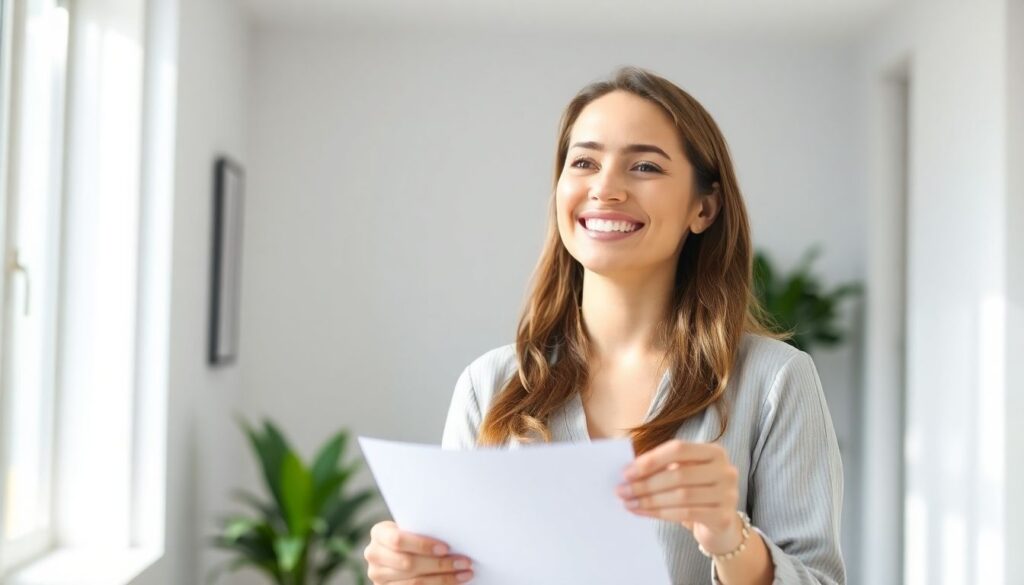 Happy woman holding a document in a bright, modern room.