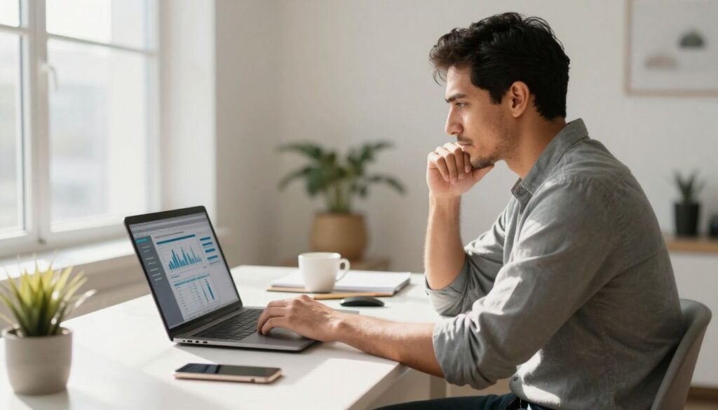 Man with laptop in a bright, modern workspace.