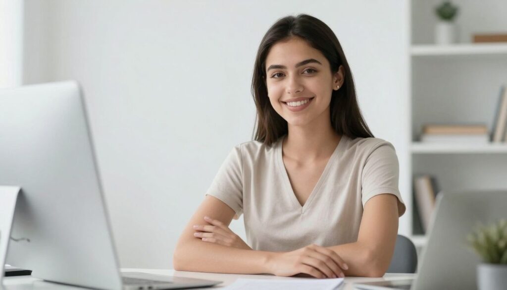 Young woman at desk smiling