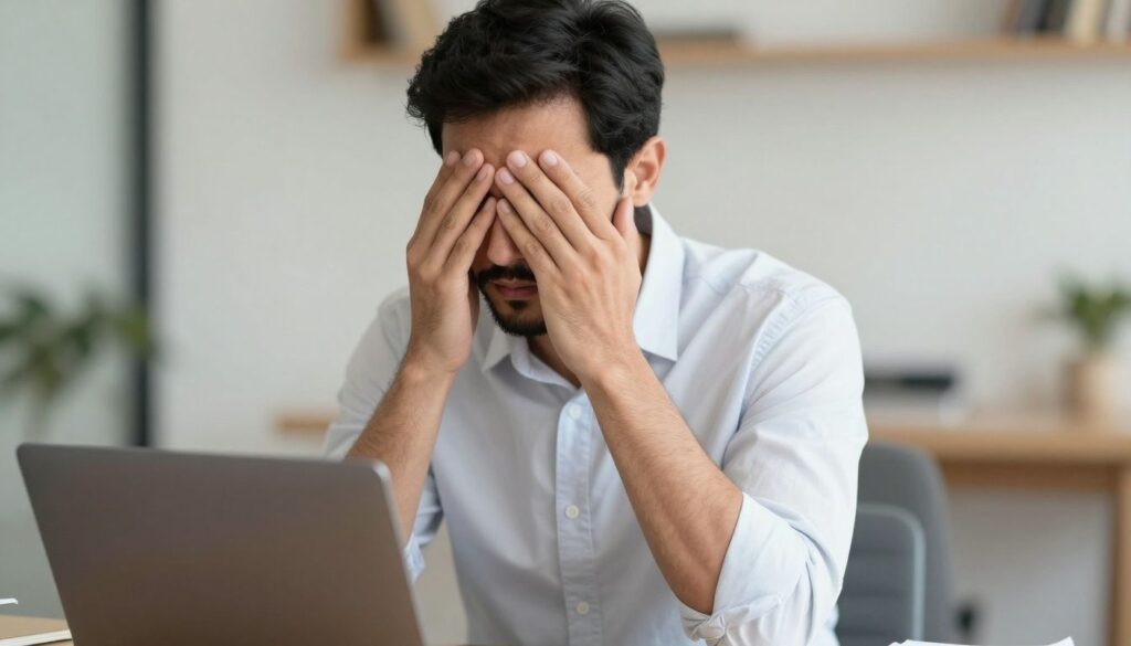 Man covering eyes in front of laptop, stressed about rising costs.