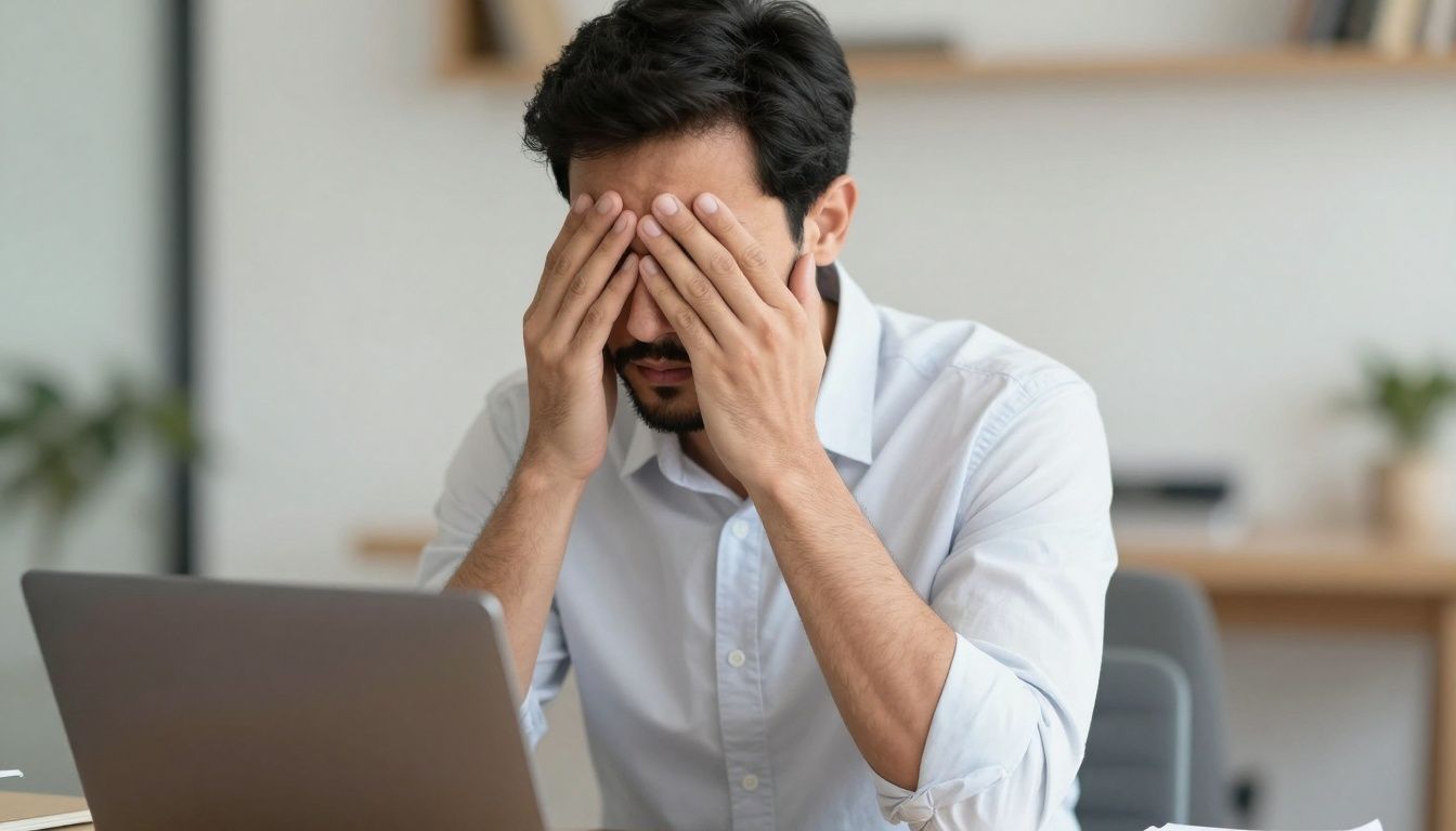 Man covering eyes in front of laptop, stressed about rising costs.