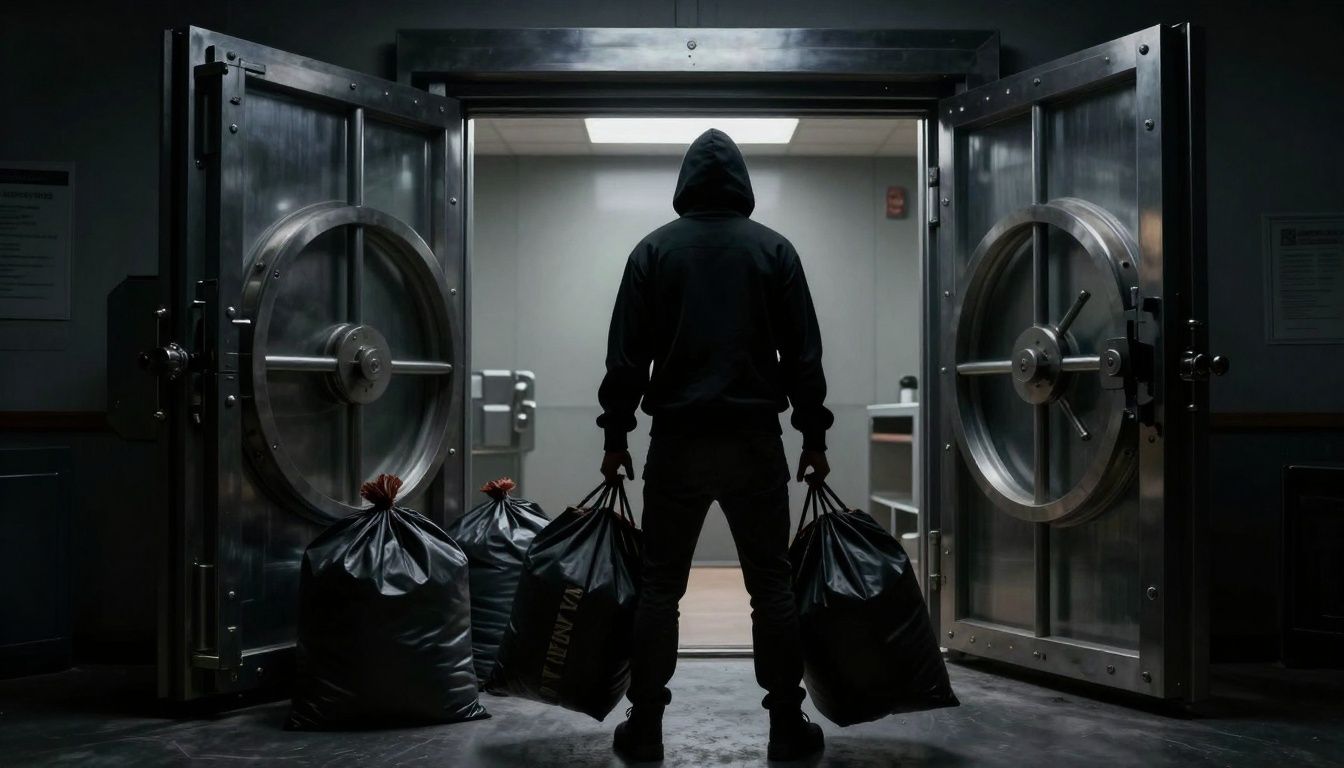Bank robber with full bags in front of an empty vault.