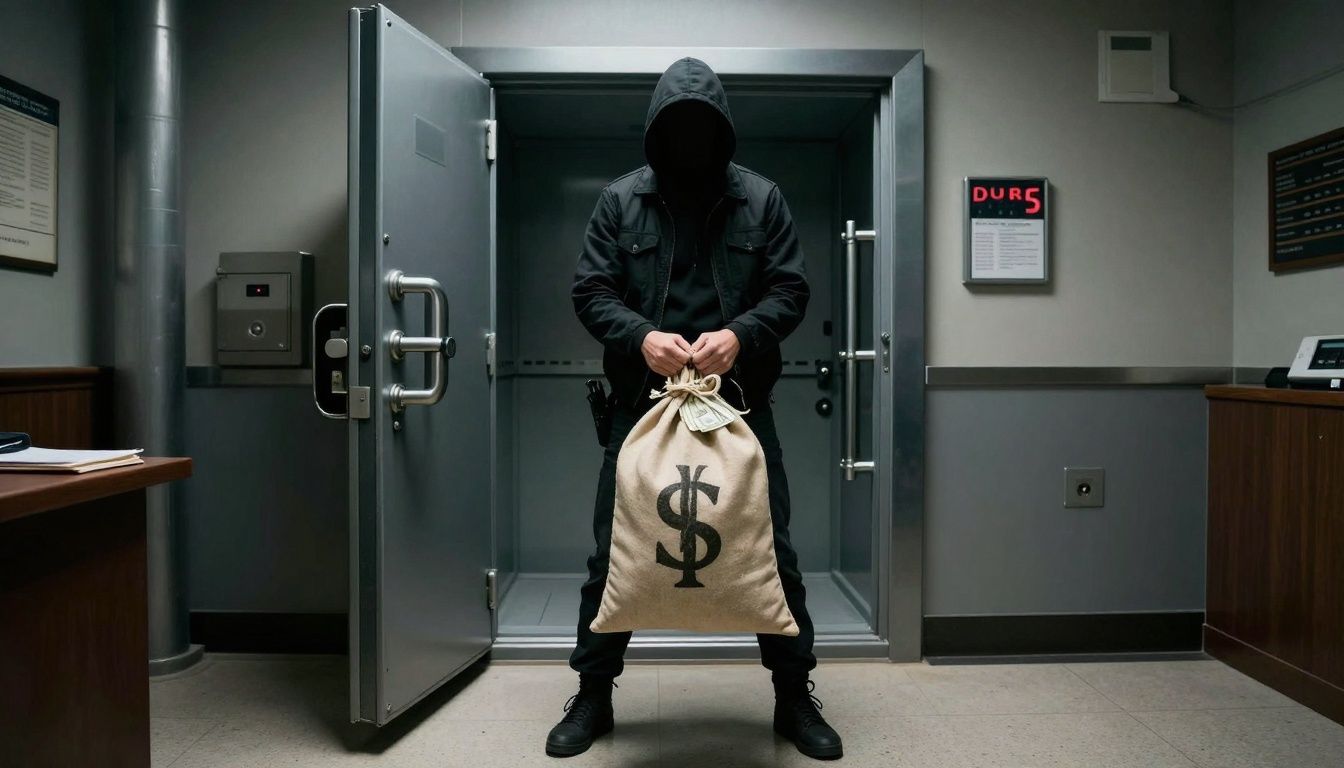 Bank robber with full bags in front of an empty safe.