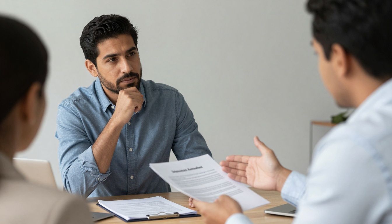 Advisor and client discussing insurance alternatives at a table.