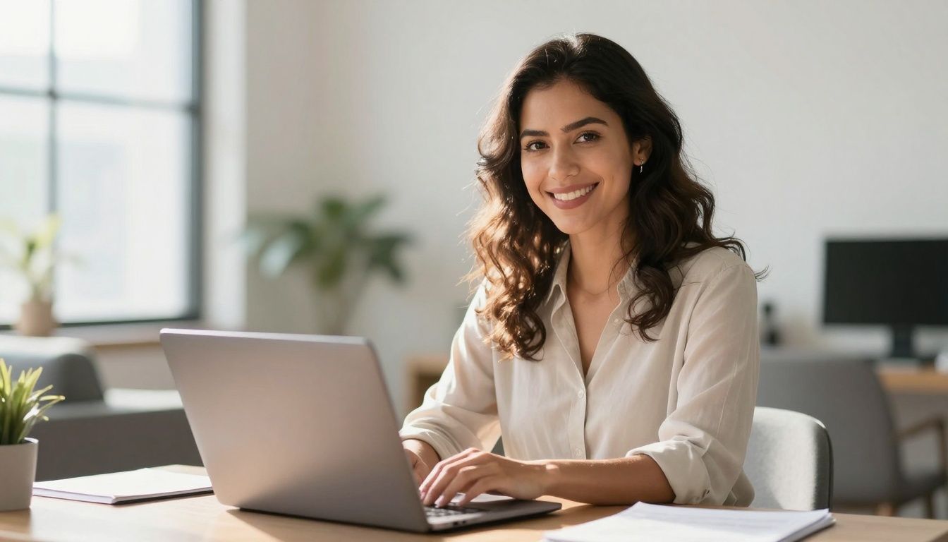 Woman smiling at laptop in a bright room.