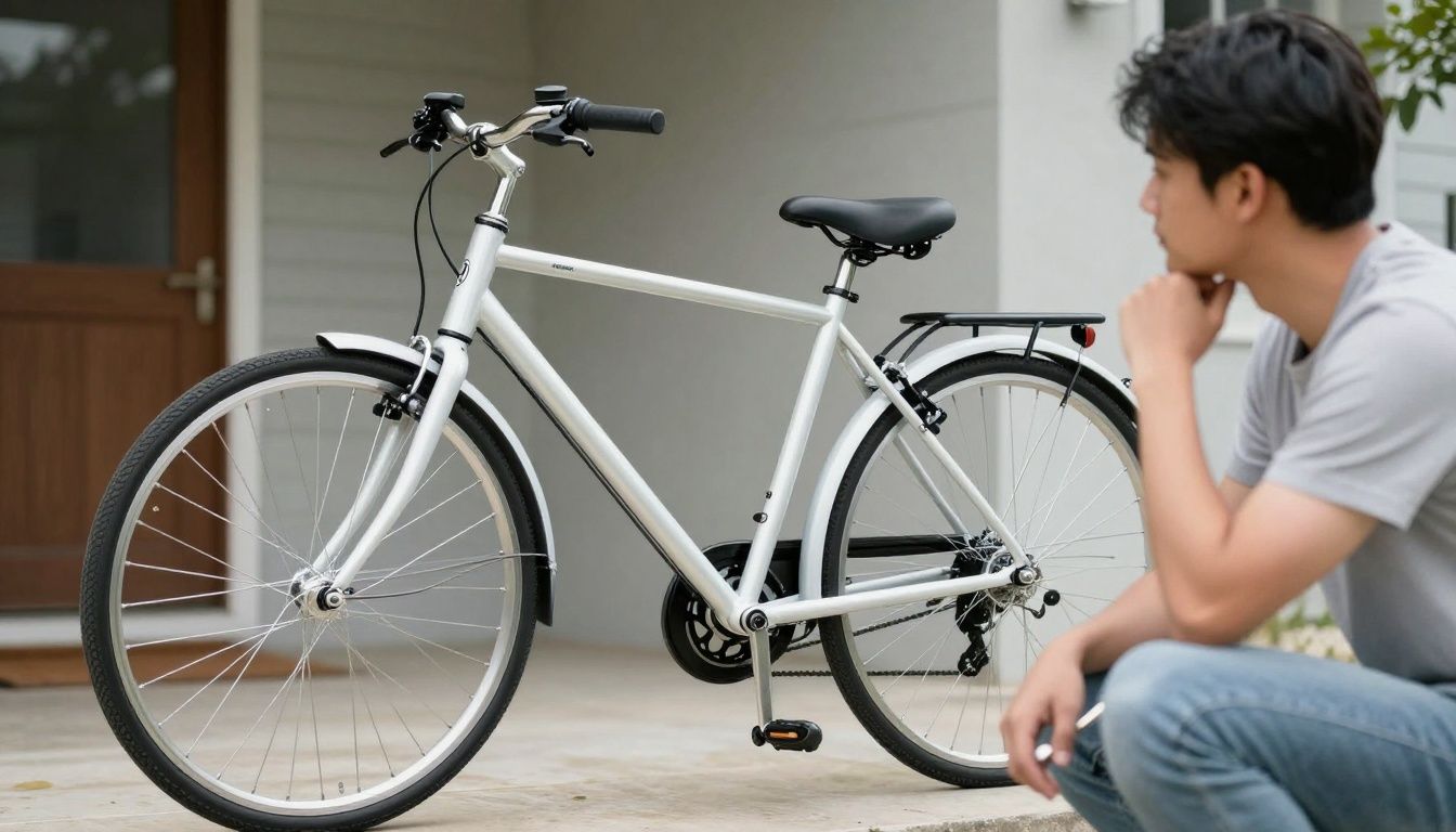 Bicycle and homeowner contemplating insurance.