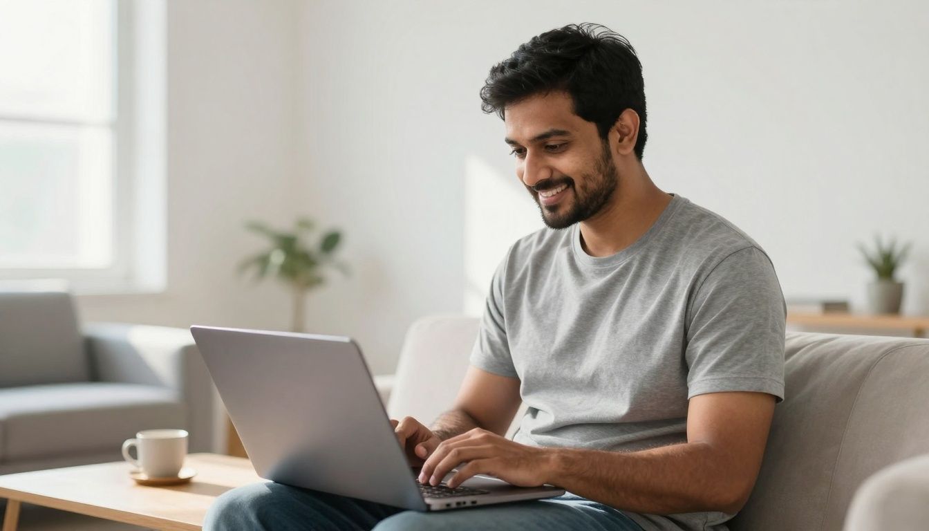 Man smiling at laptop in a bright room.