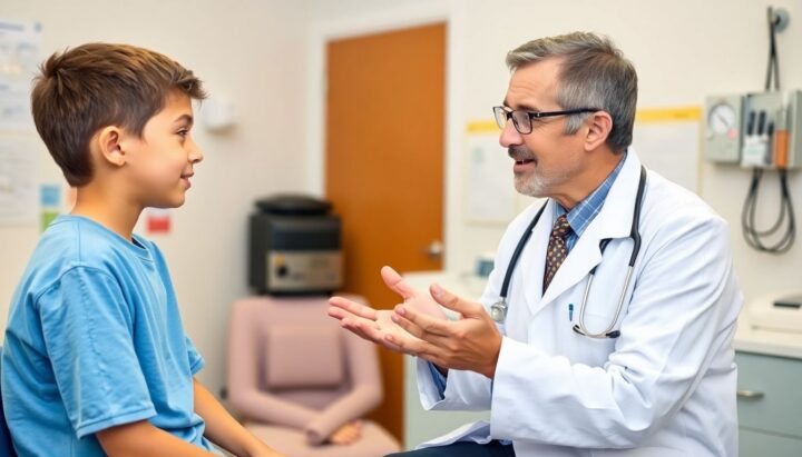 Morbus Osgood-Schlatter: Doctor and patient in a bright medical office.