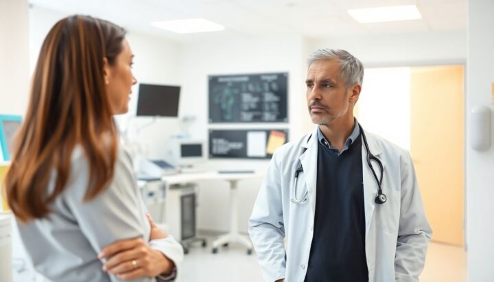 Milzbrand: Doctor and patient in a bright clinic setting.