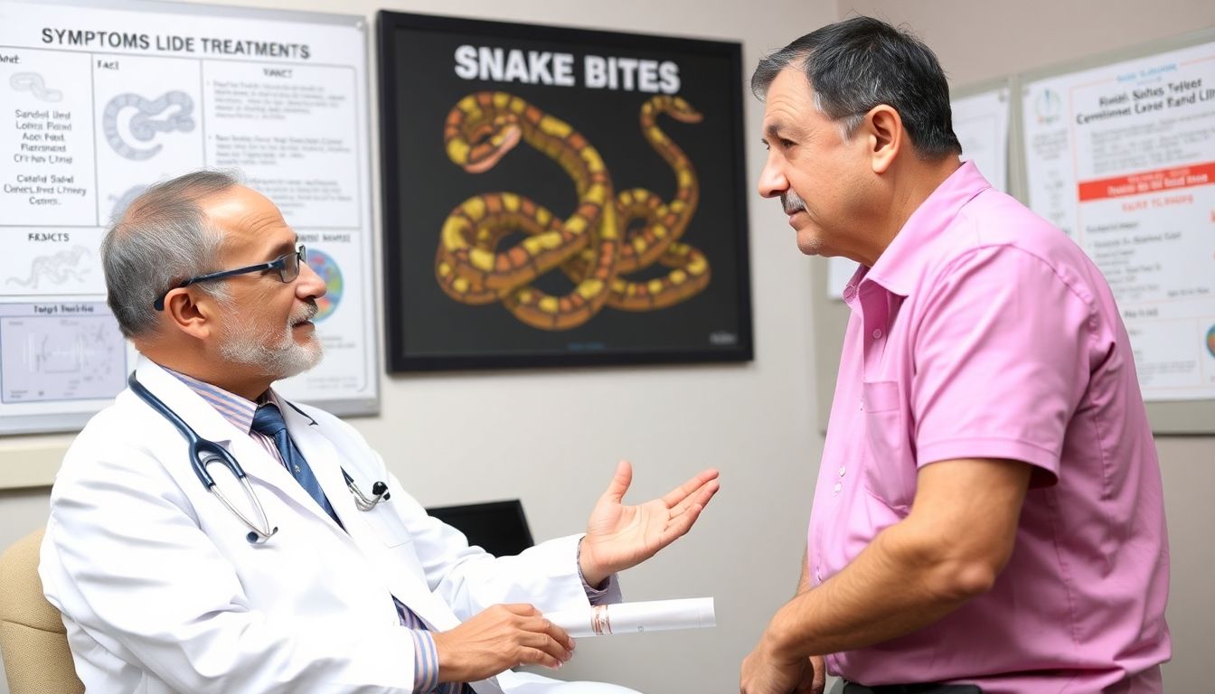Schlangenbisse: Doctor consulting patient about snake bites and treatments.