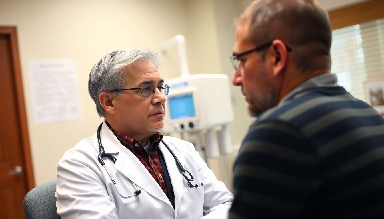 Legionärskrankheit: Doctor consulting with a patient about Legionnaires' disease.