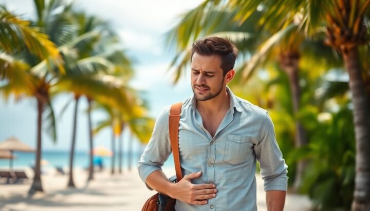 Reisedurchfall: Man with suitcase in pain during vacation.