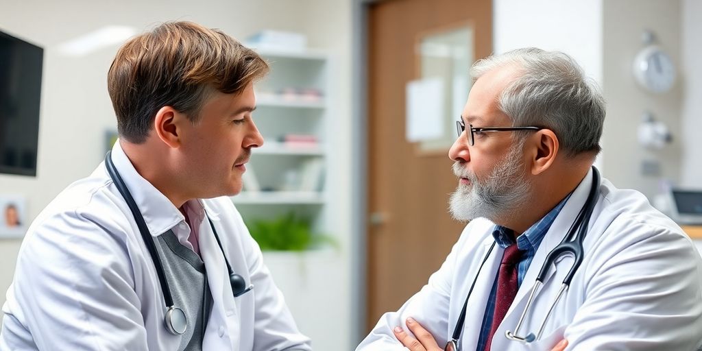 Patient und Arzt in einer hellen Arztpraxis.