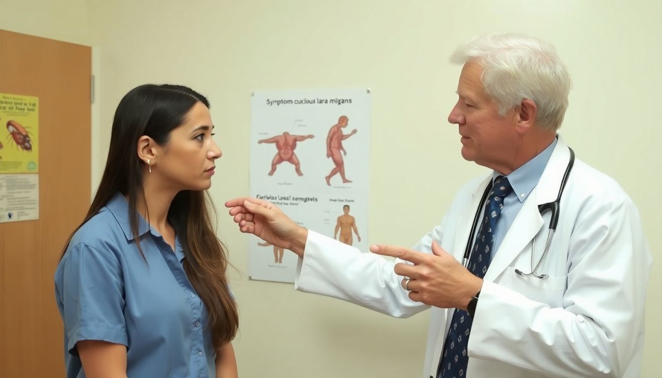 Doctor consulting patient about cutaneous larva migrans.